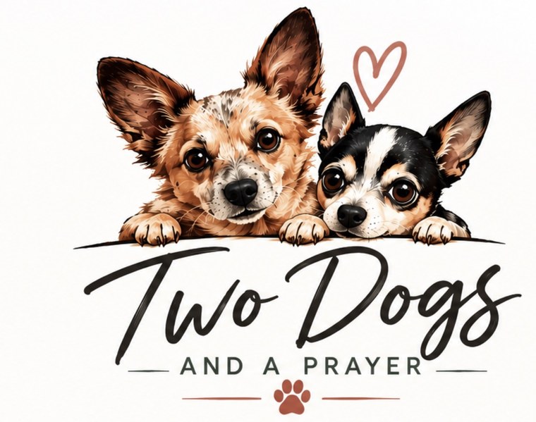 Two Dogs and a Prayer logo: two dogs peeking over a line, with a heart and a paw print